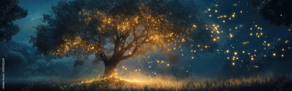 Poster Serene tree illuminated by fireflies dancing in the twilight across an open field