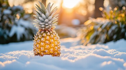 Pineapple stands alone in a snowy landscape during a bright winter sunset in a tranquil garden setting