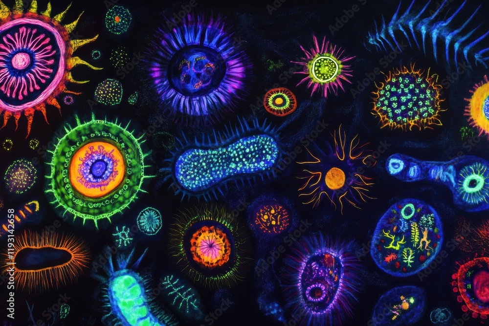 Fototapete magnified view of colorful viruses showcasing intricate details within a scientific context. generat