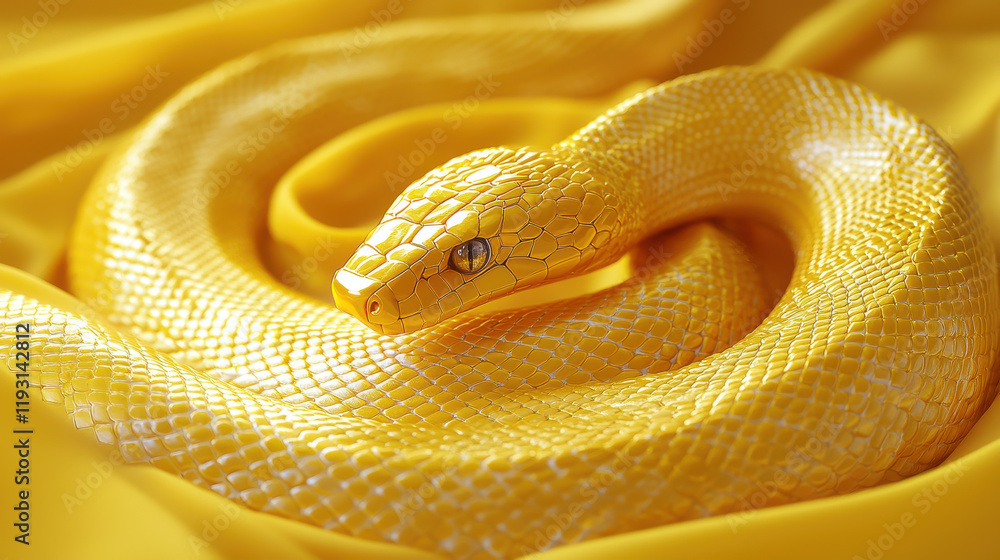 Poster detailed golden snake design on vibrant yellow background, symbolizing zodiac sign. intricate scales