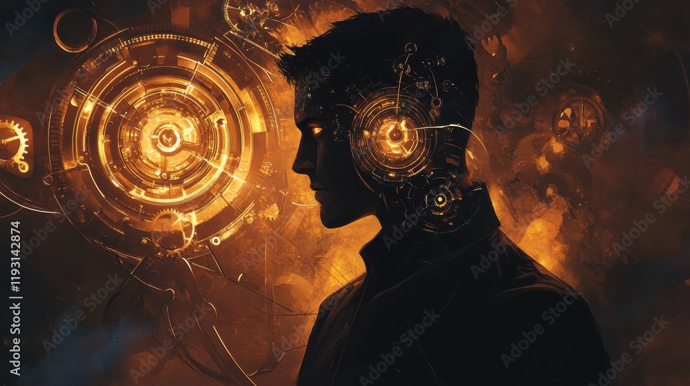 Poster Serene portrait of a man intertwined with radiant gears and mechanical designs creating a clockwork masterpiece