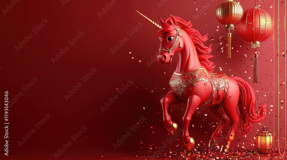 Aufkleber vibrant red unicorn adorned with intricate patterns stands against rich red background, surrounded b