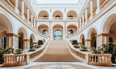Fototapeta premium Grand staircase in elegant white building atrium with archways and plants