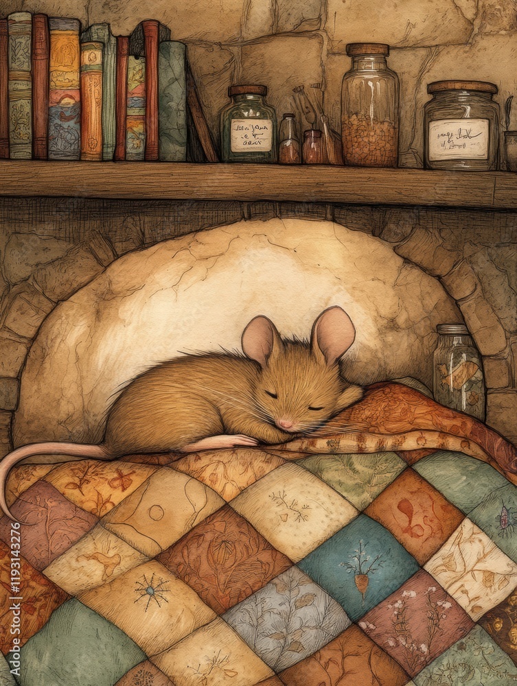Poster mouse resting peacefully on a colorful quilt under a cozy stone shelf in a warm, inviting interior s