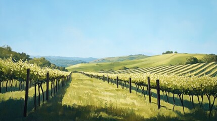 Obraz premium Budding grapevines stretch across rolling hills of a picturesque vineyard under a bright spring sky