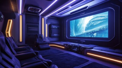 Obraz premium Futuristic sci-fi themed media room with LED accents and immersive viewing experience