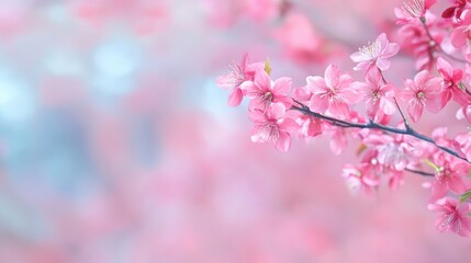 Obraz premium Delicate pink cherry blossom branches against a soft, blurred blue background, exuding a serene spring atmosphere