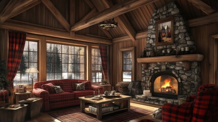 Cozy rustic cabin living room with stone fireplace and plaid decor perfect for winter retreats