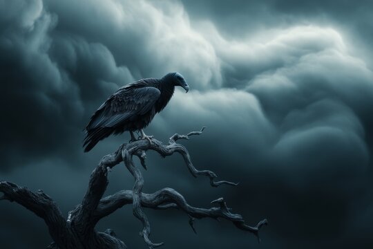 A dramatic stormy scene with a vulture perched atop a skeletal tree, framed against dark, brooding clouds