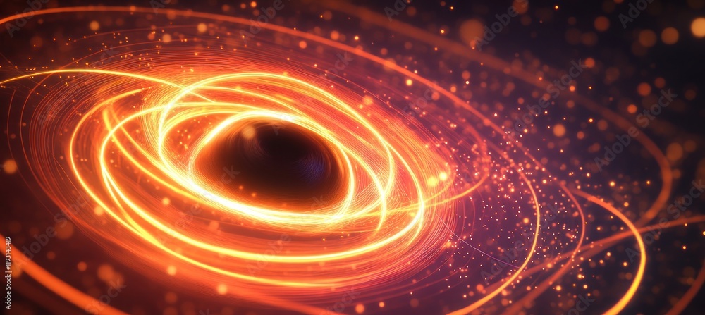 Poster black hole slowly rotating and generating orange light trails in space