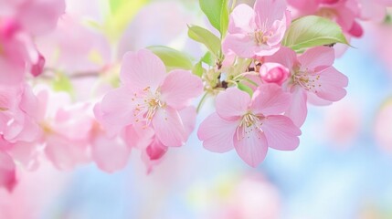 Naklejka premium Delicate pink cherry blossoms clustered against a soft blue sky, capturing the essence of spring's beauty and renewal