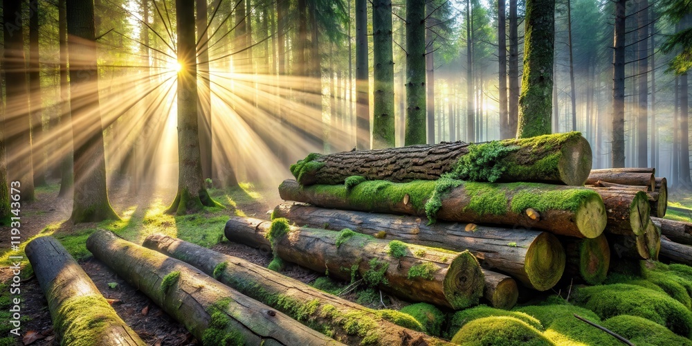 Poster sunbeams illuminate a moss-covered log pile in a sun-dappled forest