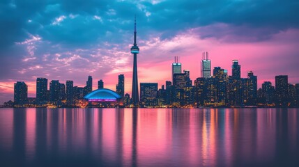 Toronto cityscape at dusk with pink and blue sky and reflections on the water