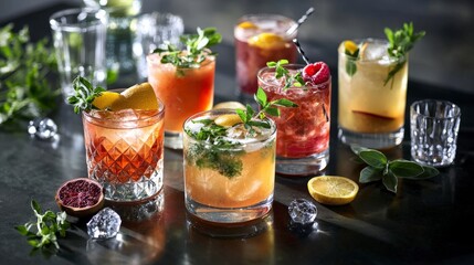 Craft cocktail showcase polished bar display urban lounge beverage photography elegant atmosphere close-up perspective