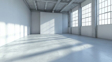 Sunlit empty industrial loft space with white walls and large windows.