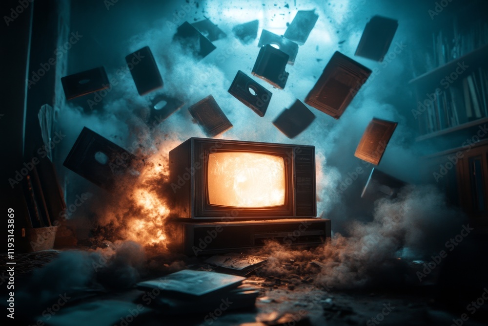 Poster a magical vcr glowing with ethereal light, with enchanted vhs tapes floating mid-air and casting shi