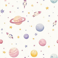 Colorful watercolor doodles of space objects with planets, stars, and rockets in cheerful pastel hues