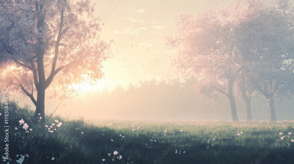 Aufkleber Spring dawn reveals ethereal mist over a tranquil field adorned with blooming trees and wildflowers