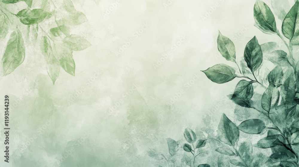 Poster Sage green background with subtle leaf patterns creating a calming and serene natural atmosphere for design use