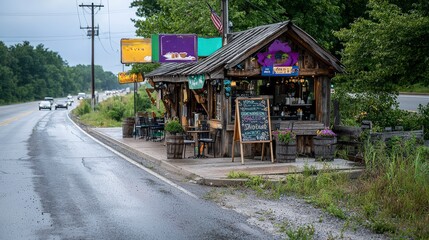Savor local flavors rustic highway stop cozy food haven lush greenery inviting views perfect traveler's retreat