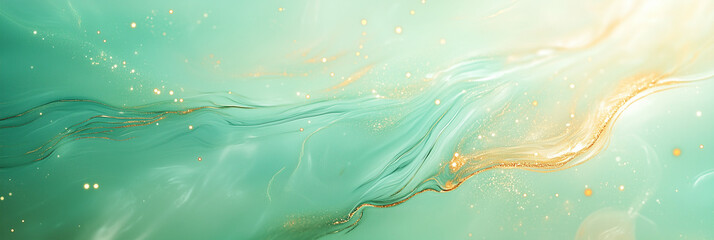 Abstract light green design with shimmering sparkles and gold veins.