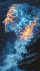 Fototapeta premium Mystical visualization of a man's profile merging with radiant ocean waves on a rocky shore at twilight
