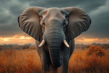 Obraz premium a close-up of a majestic elephant, its impressive tusks standing out against a moody, cloudy sky, capturing the raw beauty and grace of this magnificent creature