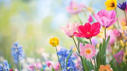 Fototapeta premium A vibrant bouquet of blooming flowers, featuring tulips and wildflowers in shades of pink, yellow, and blue against a soft, pastel background