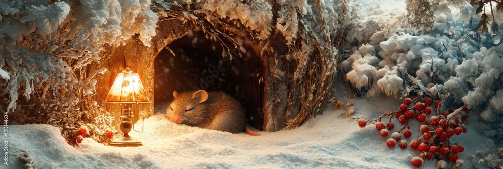 Poster winter night with a cozy mouse resting near a lantern in a snowy forest. generative ai