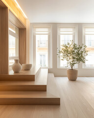 Modern interior design with wooden steps and natural light in a spacious room