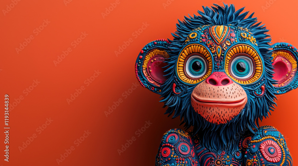 Fototapete colorful monkey sculpture with intricate patterns and textures against orange background, showcasing