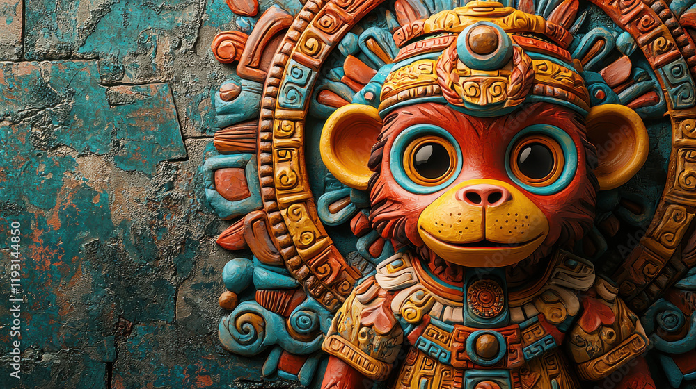 Aufkleber colorful clay monkey sculpture with intricate details against textured background. this vibrant artw