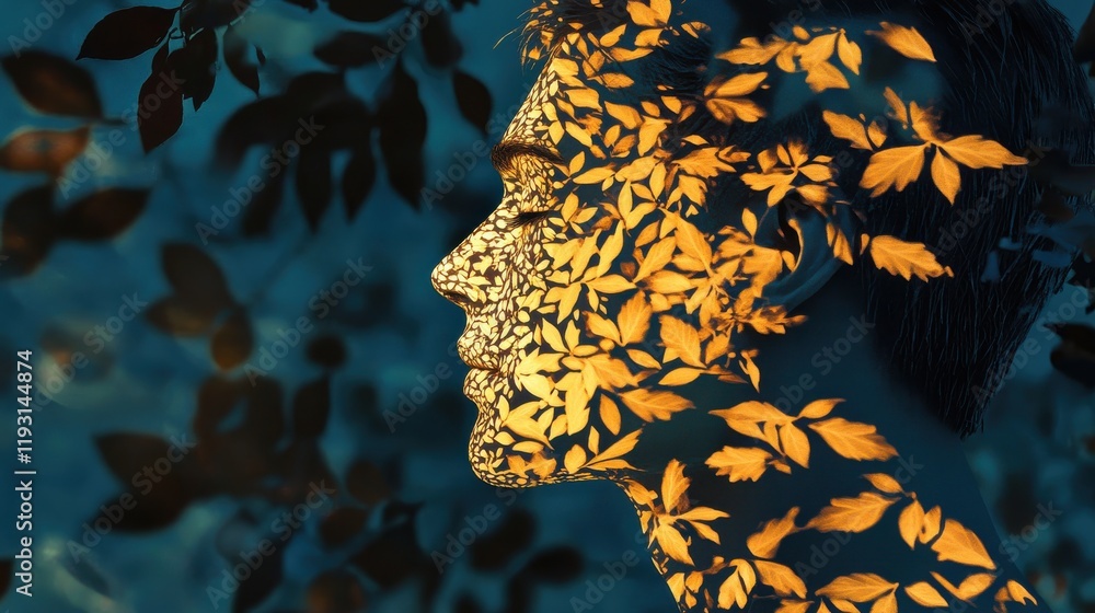 Poster Mystical man's profile illuminated by glowing leaf patterns embodying quiet introspection and natural beauty in a serene environment