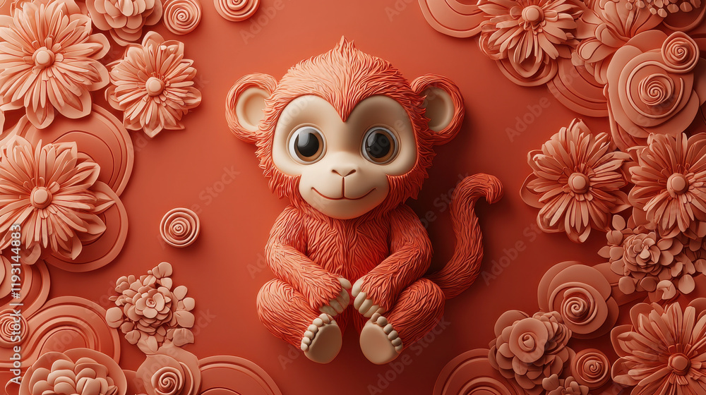 Poster cute monkey character surrounded by colorful floral patterns, showcasing detailed clay textures and 