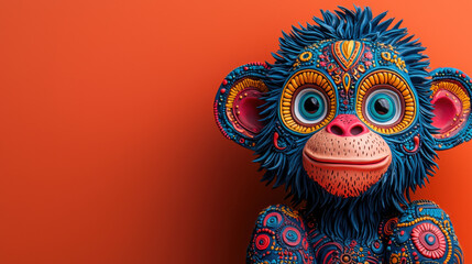 Obraz premium Colorful monkey sculpture with intricate patterns and textures against orange background, showcasing vibrant details and playful expression