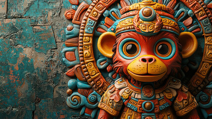 Fototapeta premium Colorful clay monkey sculpture with intricate details against textured background. This vibrant artwork showcases playful design, perfect for adding unique touch to any space