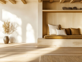 Cozy indoor space with natural light and minimalist decor in warm tones