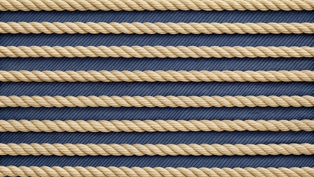 Cream-colored rope arranged in parallel lines on a textured dark blue background, nautical theme, elegant pattern, perfect for textile design