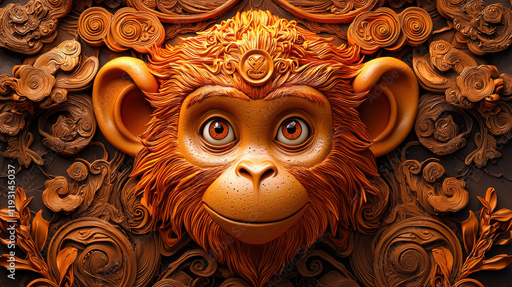 Poster vibrant 3D monkey design with intricate patterns and bright colors, showcasing playful expression. This artwork captures essence of creativity and fun