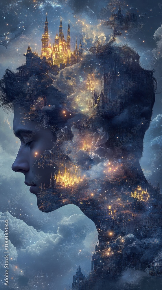 Aufkleber mystical man’s profile filled with glowing castles and mythical creatures in a dreamlike atmosphere