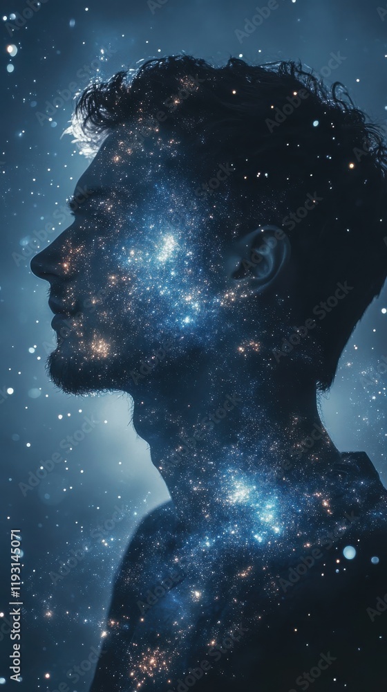 Poster mystical profile of a man illuminated by constellations and moonlight evokes calm and wonder in a ni