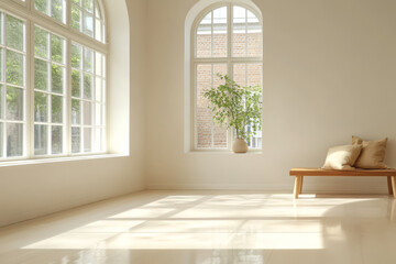 Fototapeta premium Bright and airy interior with large windows and natural light from the afternoon sun