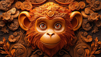 vibrant 3D monkey design with intricate patterns and bright colors, showcasing playful expression. This artwork captures essence of creativity and fun
