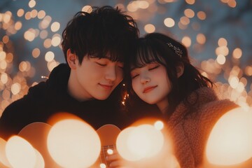 A man serenading his partner with a guitar in a candlelit room, surrounded by soft glowing lights
