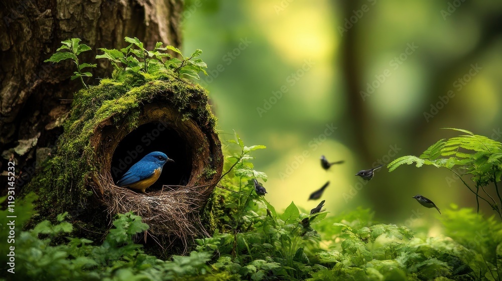 Poster lush forest clearing hosts bluebird nesting in a hollow tree, surrounded by flitting small birds and