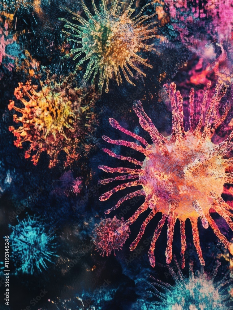 Poster magnified viruses displayed in vibrant colors showcasing intricate structures and diverse forms in a
