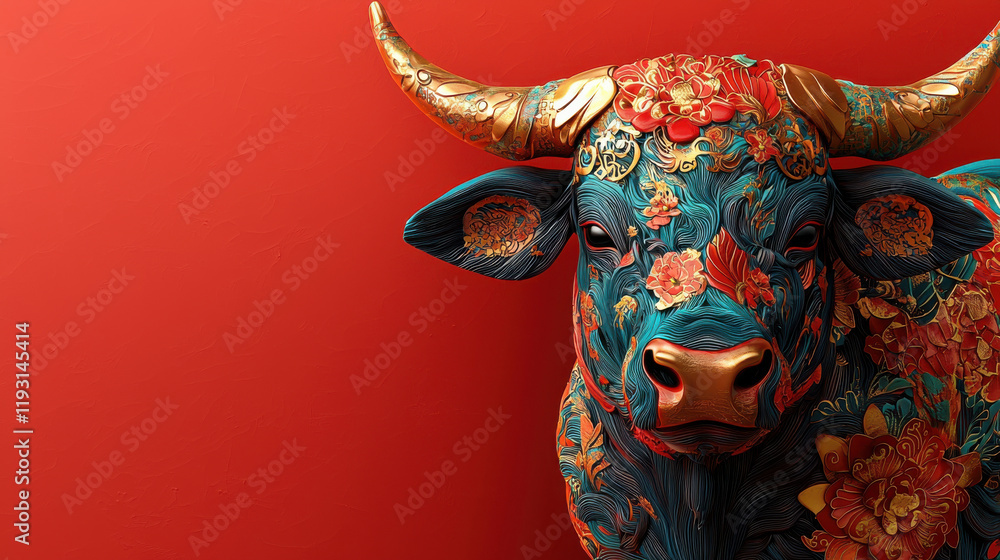 Poster vibrant 3d ox design with intricate floral patterns on red background, symbolizing zodiac. this artw
