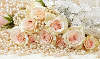 Obraz premium Pink roses, pearls, and lace A romantic arrangement for weddings or special occasions