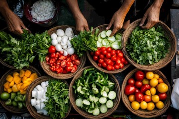 Obraz premium A market scene showcasing a variety of vegetables neatly arranged in baskets, surrounded by bustling activity