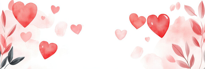 Watercolor hearts and floral elements create romantic banner design. Perfect for Valentine Day celebrations